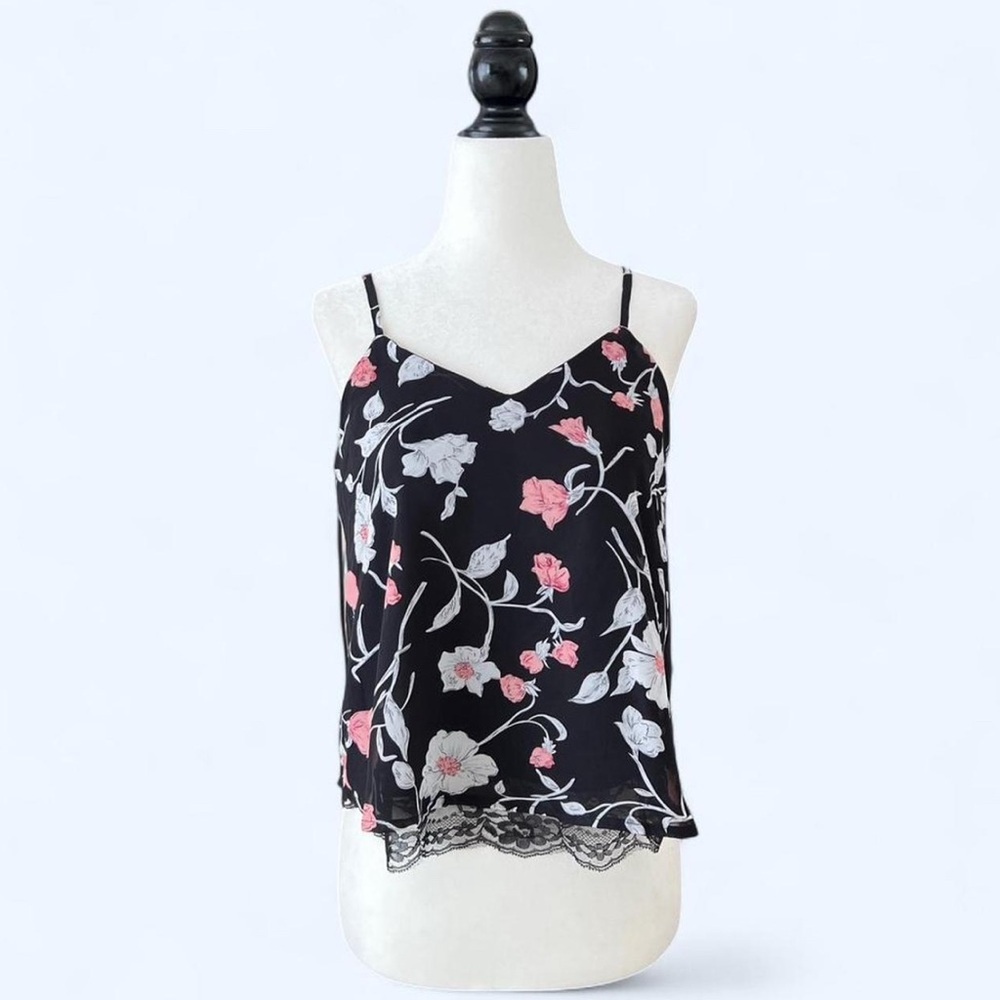 Another Story Womens Black Pink Floral Lace Cami Top Lace Trim Romantic XS